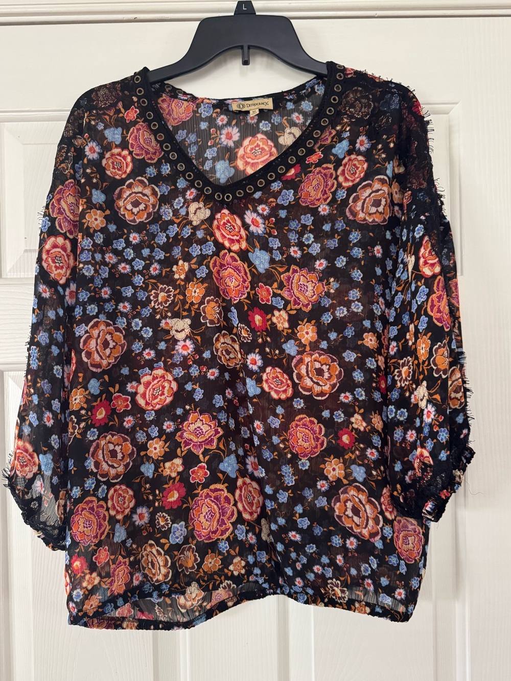 Democracy Black Floral Sheer V-Neck Blouse with Grommet Trim medium